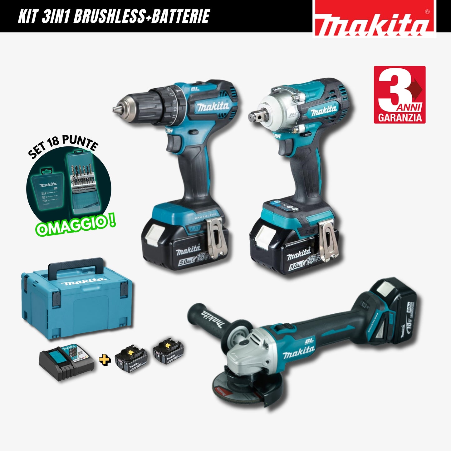Kit 3in1 Makita: Trapano+Avvitatore+Smerigliatrice